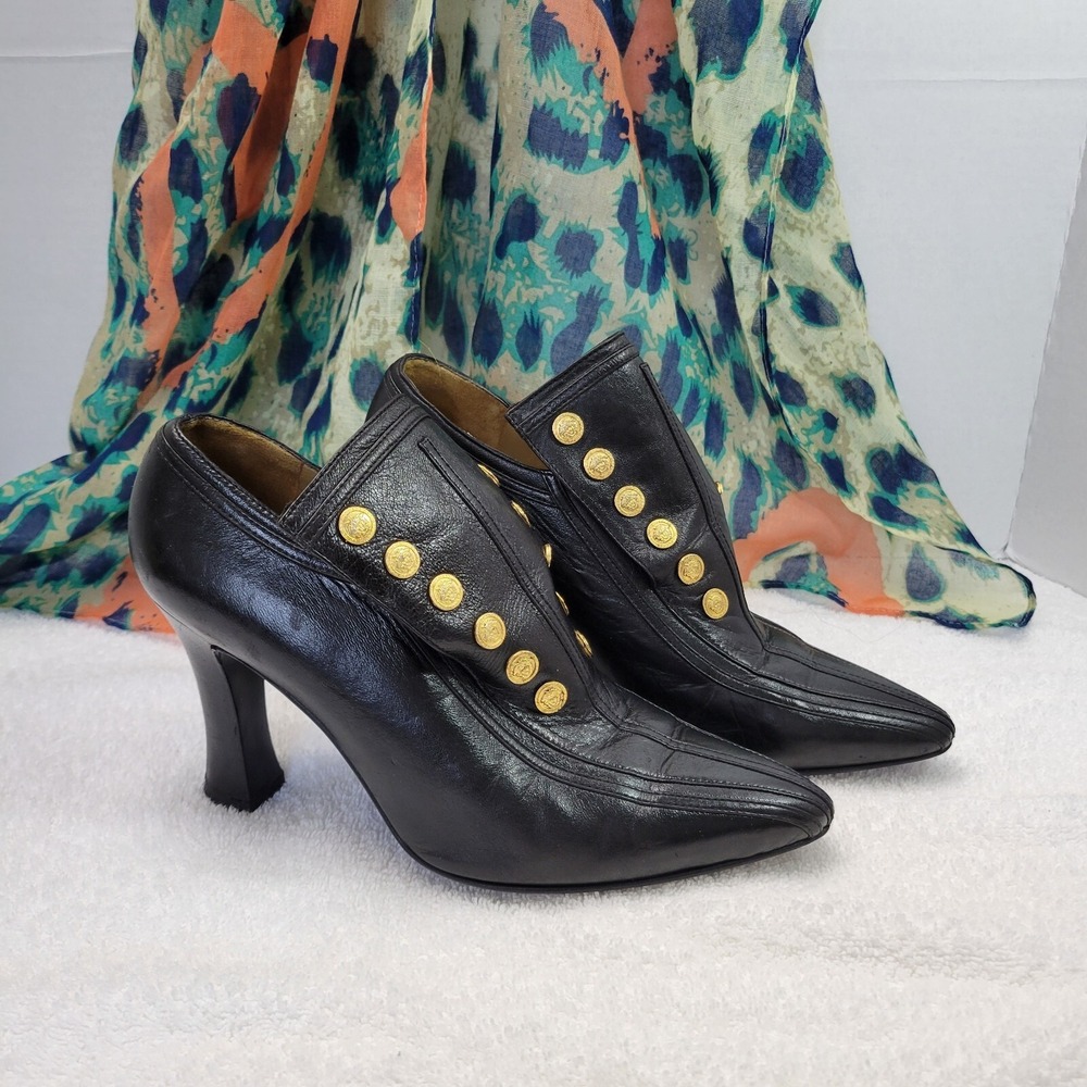 Vintage Versace Womens 6.5 Black Leather 1993 Fall Milan Runway Booties Pointed